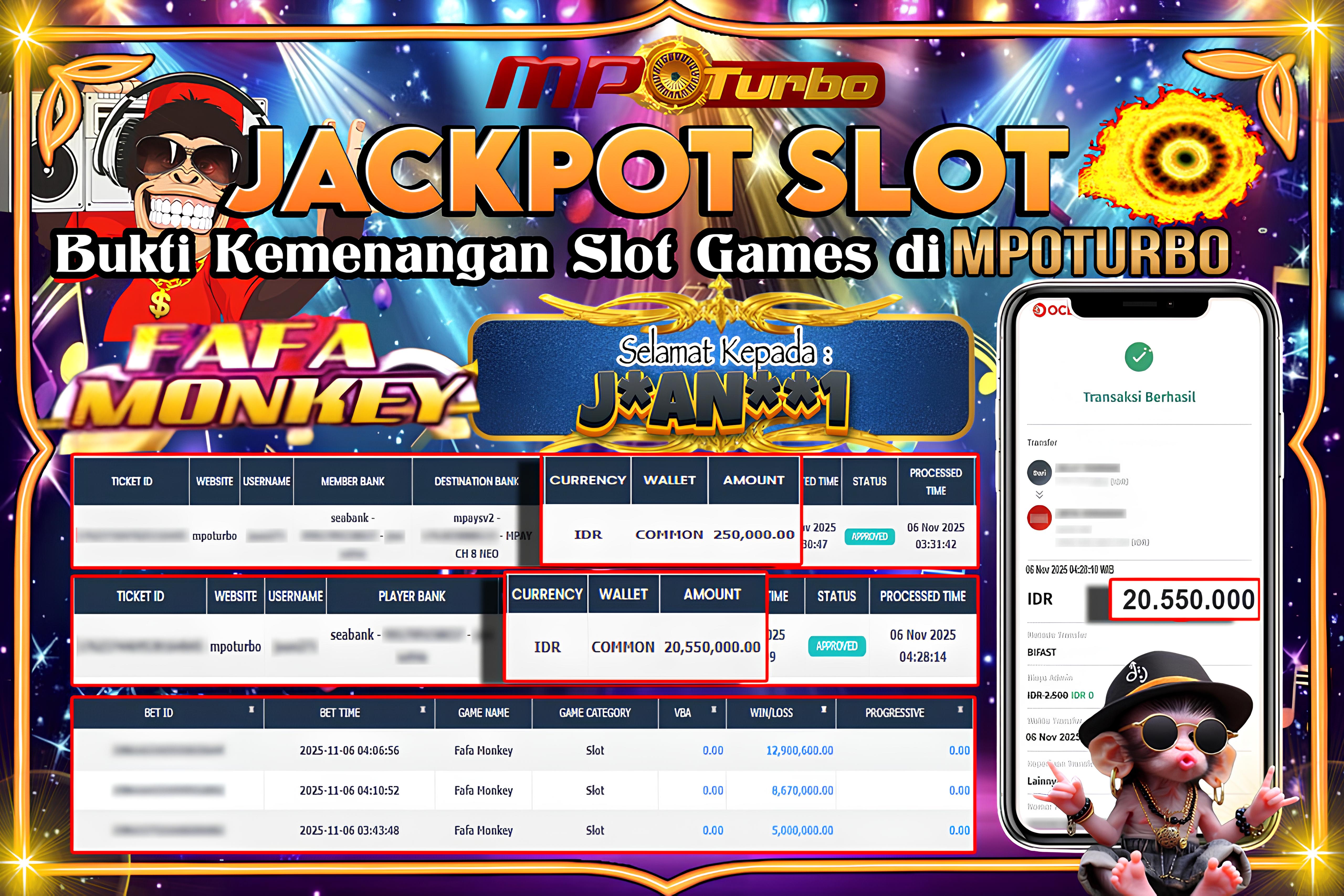 MPOTURBO JACKPOT FAFA MONKEY - PLAYSTAR Rp 20,550,000.00,- LUNAS